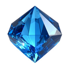 Faceted blue gemstone, diamond-cut shape, reflecting light against black background