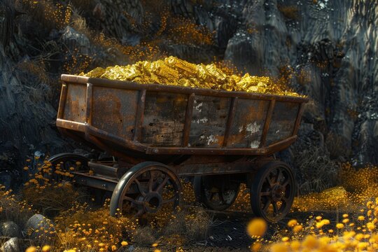 Rusty mining cart carrying gold nuggets in a field of yellow flowers with rocky cliff in background