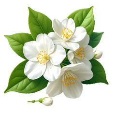 Fototapeta premium Realistic digital illustration of white jasmine flowers with green leaves on black