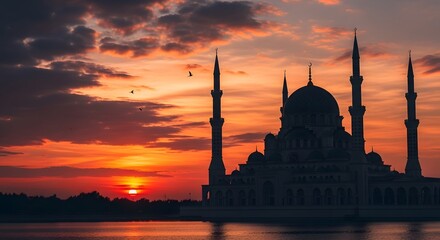Travel and heritage scene with sunset mosque view. Heritage Architecture with Sunset View. Heritage architecture silhouetted against a vibrant sunset sky, ideal for travel and cultural visuals.