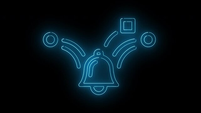 Neon-lit bell icon with notification symbols on a black background, conveying a modern digital alert concept with a blue glow.