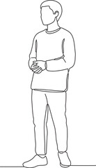 Fototapeta premium A minimalist continuous line drawing of a young man standing with his hands clasped in front of him, a simple yet elegant illustration of a person