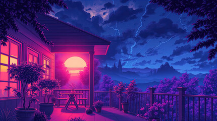 An anime-style illustration featuring beautiful natural landscapes, a cozy house with a garden and lounge area, illuminated by the setting sun. Lo-fi style, evening relaxation.