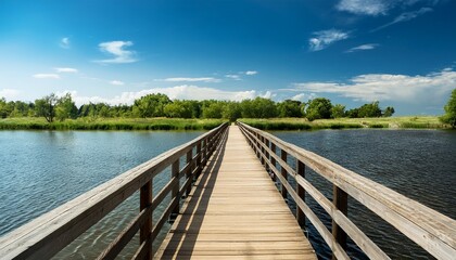 Obraz premium a wooden bridge over the water on a summer day