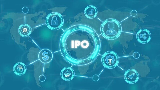 I P O initial public offering business concept with and map in blue background finance stock