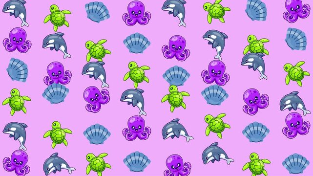 Repeating pattern of sea animals on pink background perfect for childrens products, stationery, fabrics, and underwaterthemed designs.