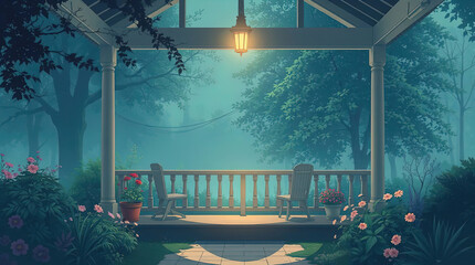 An anime-style illustration featuring beautiful natural landscapes, a cozy house with a garden and lounge area, illuminated by the setting sun. Lo-fi style, evening relaxation.