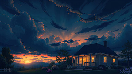 An anime-style illustration featuring beautiful natural landscapes, a cozy house with a garden and lounge area, illuminated by the setting sun. Lo-fi style, evening relaxation.