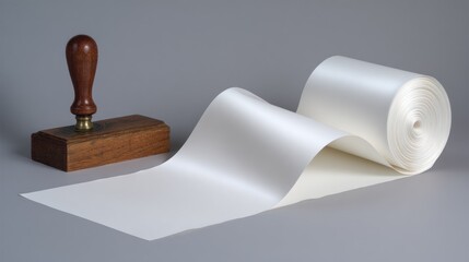 Traditional wooden seal sits next to a spool of luminous white material against a neutral backdrop.