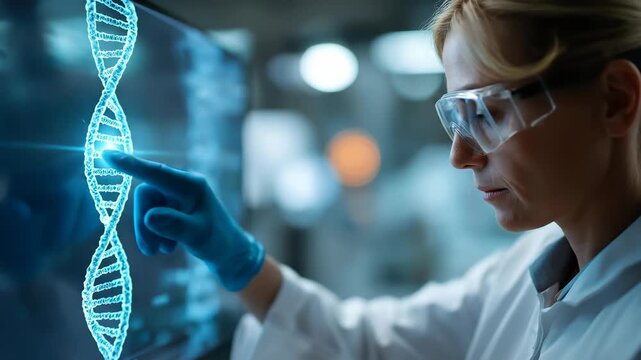 Scientist studying DNA sequence on screen