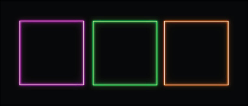 Three neon frames in pink green and orange on a black background rectangular. Resizable and editable, EPS 10. 