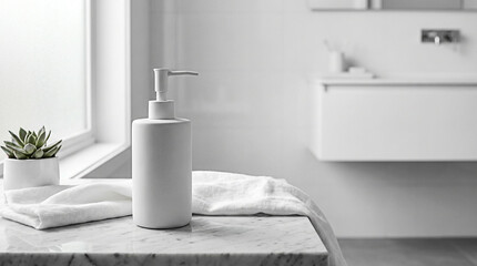 White Pump Bottle Mockup on Marble Bathroom Counter with Towels