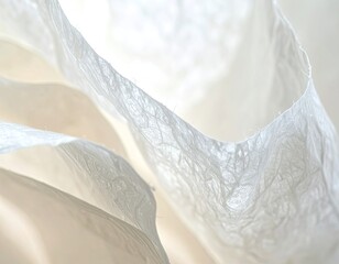 Obraz premium A close-up abstract image showcasing delicate, translucent, flowing white organic material with subtle textures against a bright background.