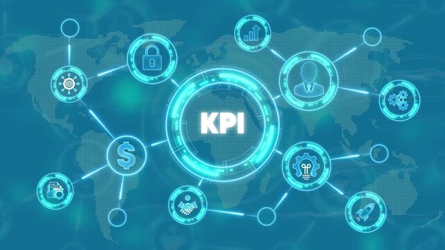 K P I business metrics on a map background with glowing blue lines and symbols representing key performance indicators for global strategy and finance