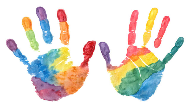 Vibrant rainbow handprints on white background for creative projects