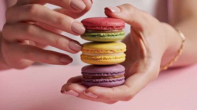 Colorful Macarons Stack Held by Hands - A close-up shot shows a stack of three colorful macarons held delicately in a woman's hands.