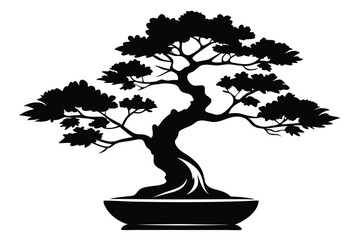 bonsai tree silhouette line art vector illustration with a white background