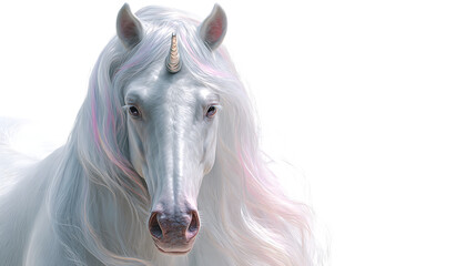 Majestic white unicorn with long flowing mane isolated on transparent background
