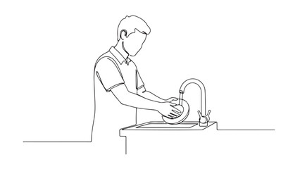 Man washing dishes at the kitchen sink with running water from a faucet, domestic chore illustration