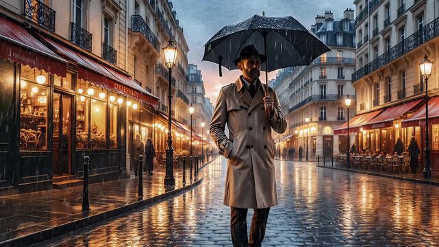 Rainy Day in Paris - A man in a trench coat and fedora walks down a Parisian street in the rain, holding an umbrella. Reflections of streetlights and cafe lights shimmer on the wet cobblestones.