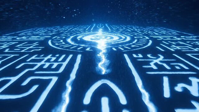 Mystical Blue Energy Portal with Ancient Symbols and Lightning