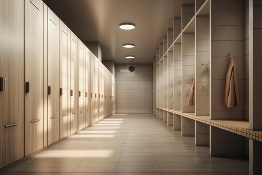 Empty changing room featuring lockers, benches, and hangers in a clean, minimalist design