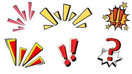 Comic Pop Art Exclamation Burst Icon Set with Colorful Warning Symbols and Speech Bubble Effects on Transparent Background
