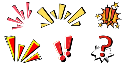 Fotobehang Pop Art Comic Pop Art Exclamation Burst Icon Set with Colorful Warning Symbols and Speech Bubble Effects on Transparent Background  © graphics with emotio