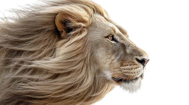 Closeup of a lions head isolated on transparent background with a majestic mane