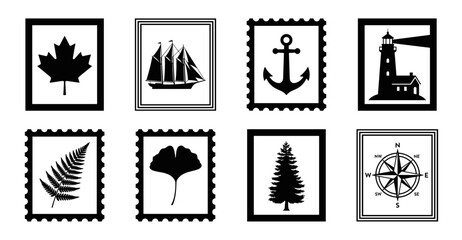 Fototapeta premium Minimalist Nautical and Botanical Postage Stamp Collection for Scrapbooking and Travel Stationery Assets