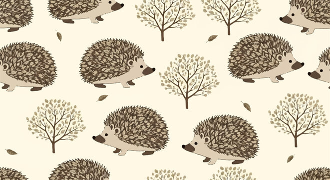 Cute hedgehog and tree vector seamless pattern on light beige background, autumn forest animal illustration for fabric, wallpaper, textile, kids design