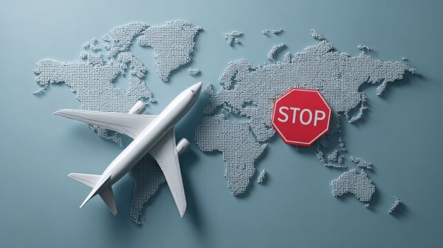 Airplane travel ban symbol with stop sign over world map--air traffic restriction concept