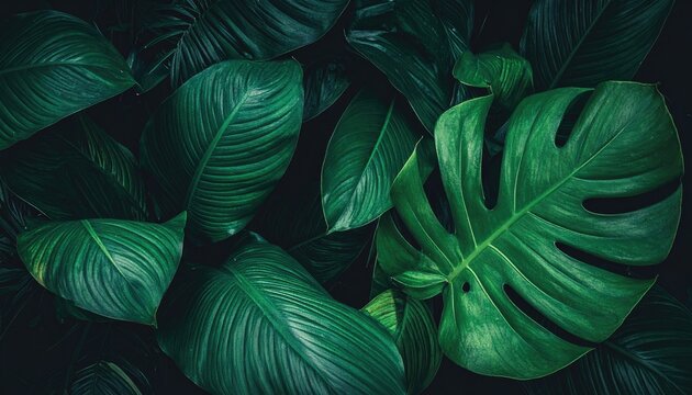 A dramatic close-up of dark green tropical leaves, featuring a prominent Monstera leaf.