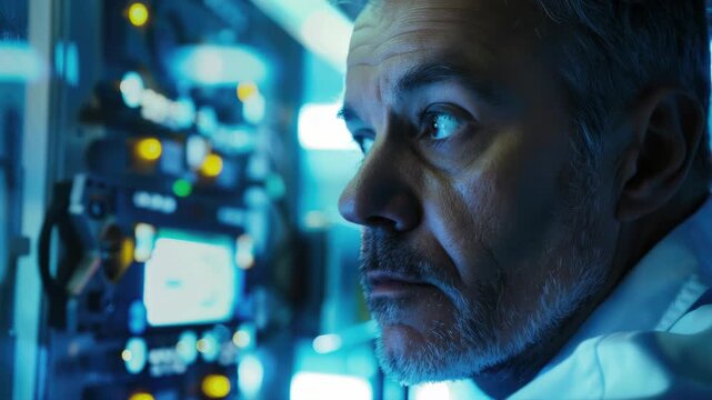 A man focused on his work in a lab or control room with electronic equipment and lights.