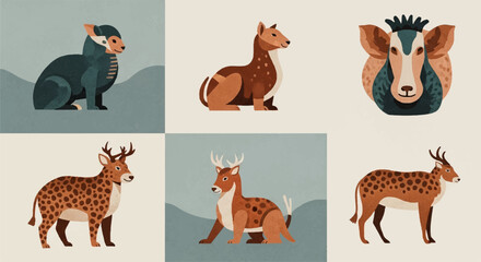 Fototapeta premium Vector illustration set of stylized deer, antelope, and other horned animals in flat earth tones, isolated on white