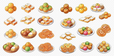 Set of Indian sweets and desserts, traditional colorful treats for festive occasions.
