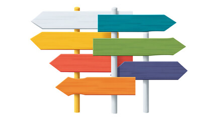 Colorful wooden signpost with multiple directional arrows on transparent background