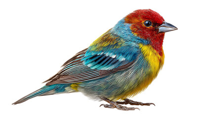 Colorful bird with red head and blue and yellow feathers isolated on transparent background