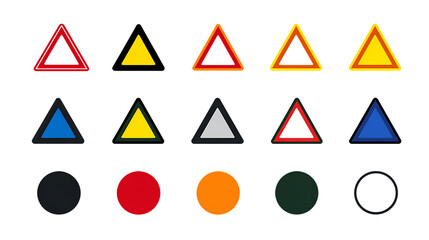 Collection of various colored triangles and circles on transparent background
