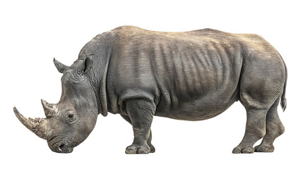 Gray rhinoceros standing isolated on transparent background with textured skin