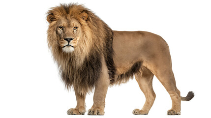A male lion standing isolated on transparent background with a majestic mane