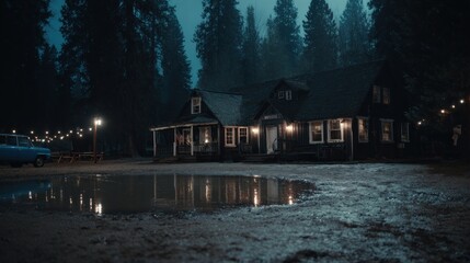 Fototapeta premium Rustic wooden lodge glows warmly against a dark, forested backdrop at night