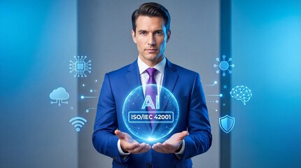 Confident businessman presenting a glowing digital sphere with AI and ISO IEC 42001 certification surrounded by technology icons