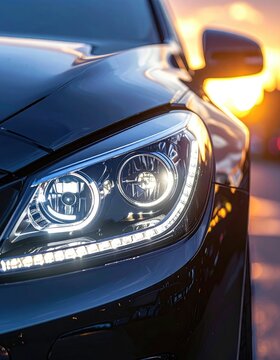 Close-up of a sleek black car headlight illuminated against a warm sunset backdrop.