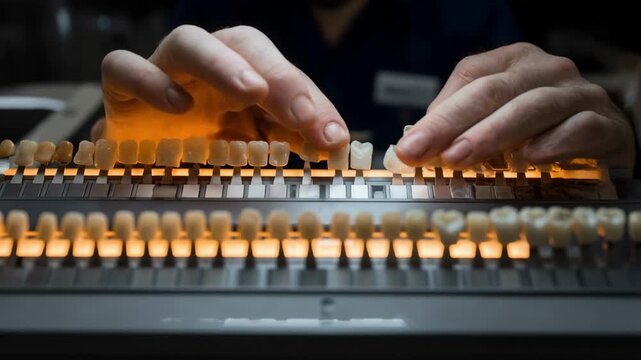 Dental technicians medium shot comparing ceramic tabs to artificial teeth illuminated with neutral colorcorrected lighting in a precision light booth environment.