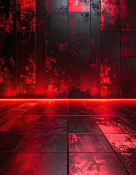 An abstract, darkly lit interior space featuring textured black panels illuminated dramatically by intense red light.