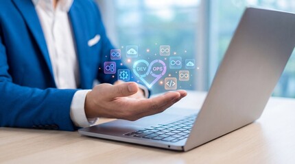 Man in blue suit extending hand over laptop displaying digital heart shaped DevOps interface and cloud computing icons