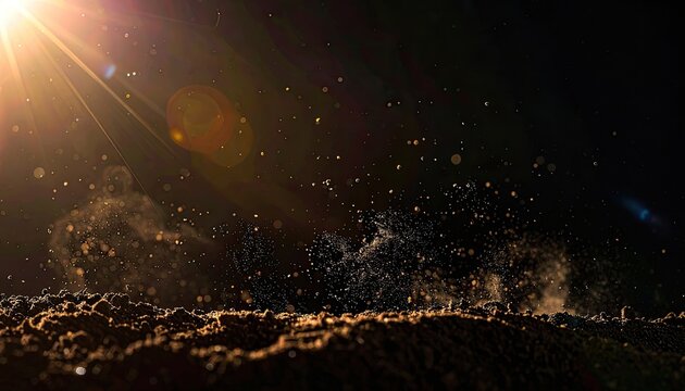 Golden sun flare illuminates rising dust particles above rich, dark soil in a dramatic low-angle shot.