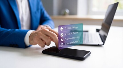 Man in blue suit interacting with virtual cookie consent screen on smartphone device in modern office setting