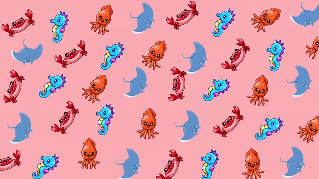 Pink background with sea creatures pattern suitable for oceanthemed designs, kids products, stationery, textiles, and underwaterthemed events.